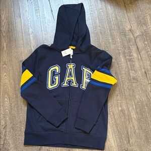 GAP Navy Hoodie with Yellow & Blue Sleeve Stripes